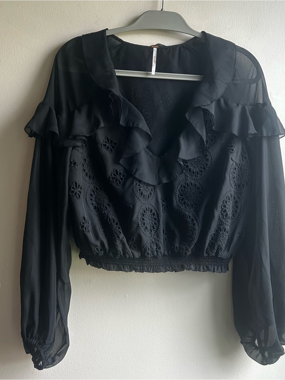 Free People Black Ruffle Eyelet Blouse